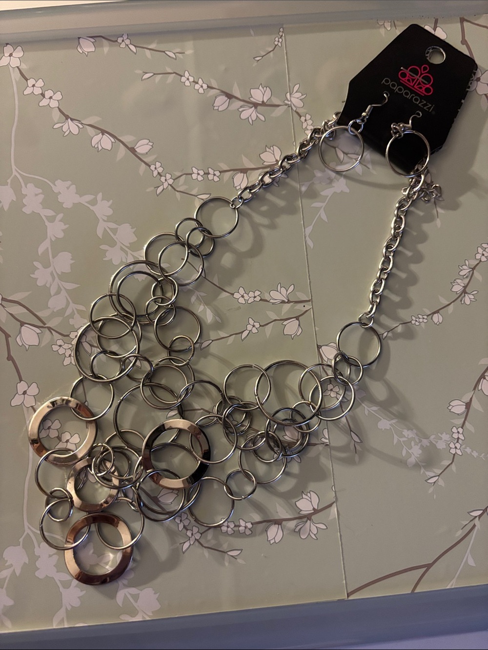 Paparazzi Silver Multi-Ring Statement Necklace with earring set- Silver